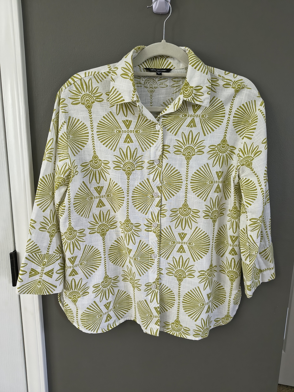 Unique Spectrum White Button-Down Cotton Shirt with Olive Green Geometric Print